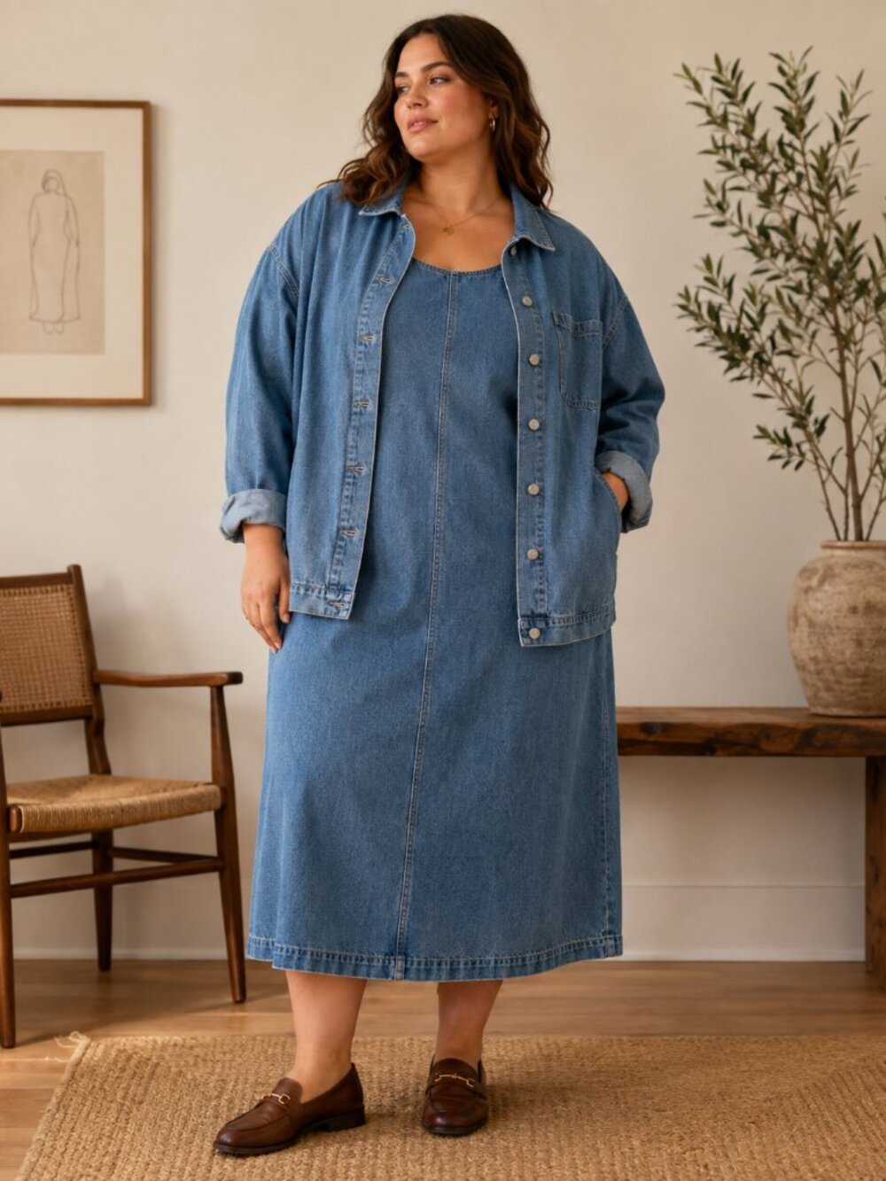 Vintage Studio Ease Denim Dress Jacket Two Piece Set 90s 14 ✨